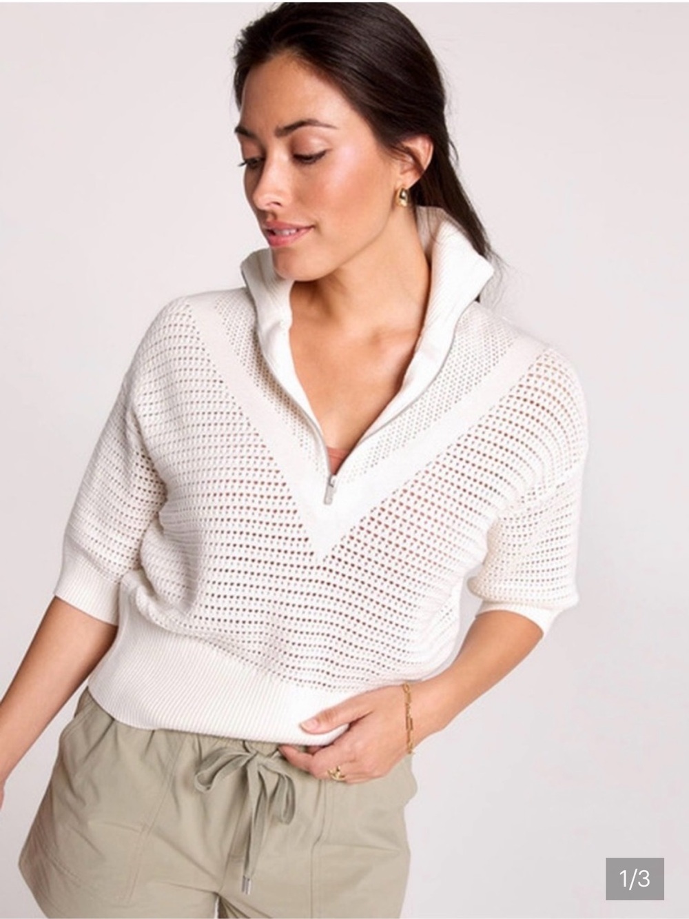 CALIA by Carrie Underwood Cream Open-Knit Short-Sleeve Sweater with Zip Collar M